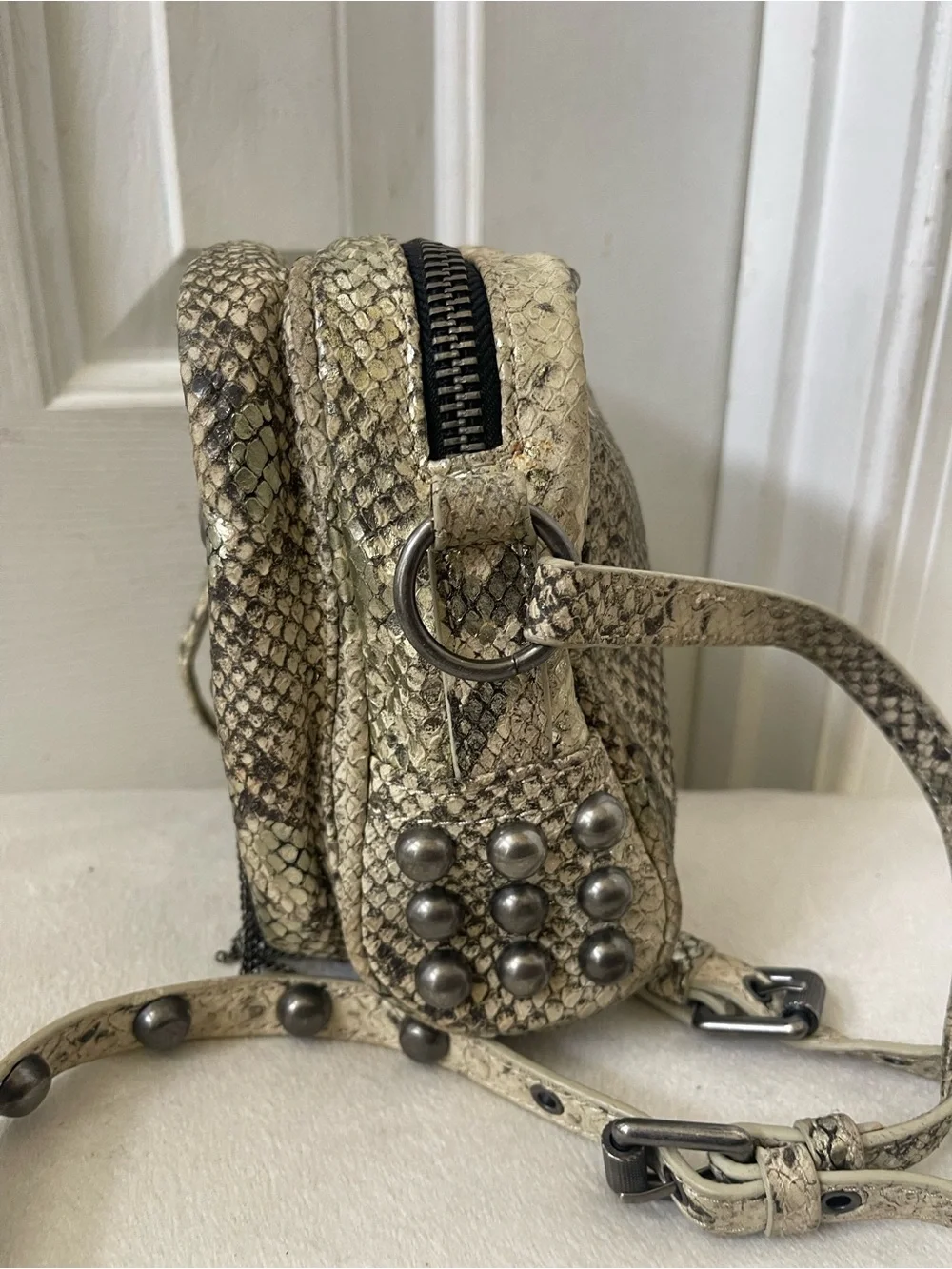 Ash Moxy Python Snakeskin print Leather Studded Crossbody Bag
